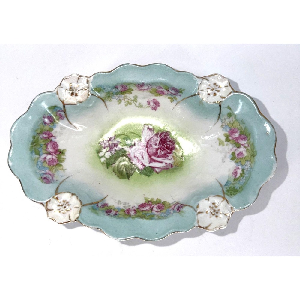 Antique RS Prussia Style Fleur-de-Lys Porcelain Relish Dish Germany Pink Roses